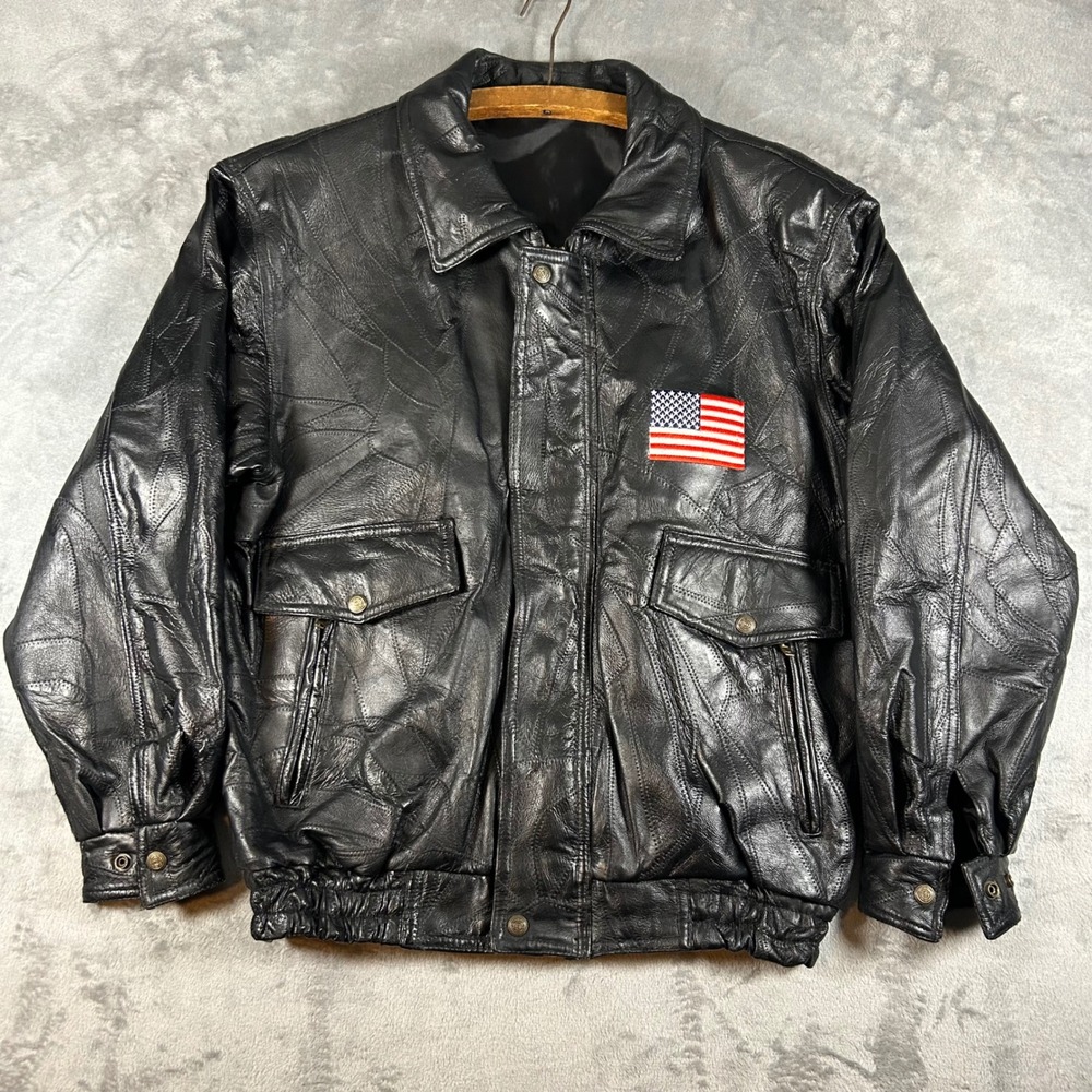 Vintage Patchwork Black Leather Bomber Jacket American Flag Eagle Mens Medium